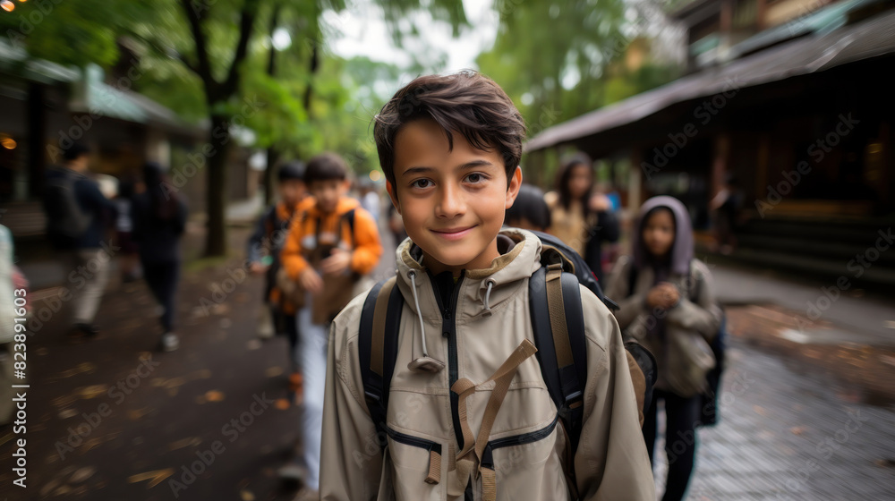 Fototapeta premium A school-aged boy with a backpack smiles on a campus, surrounded by peers, indicating a return to school or a break time
