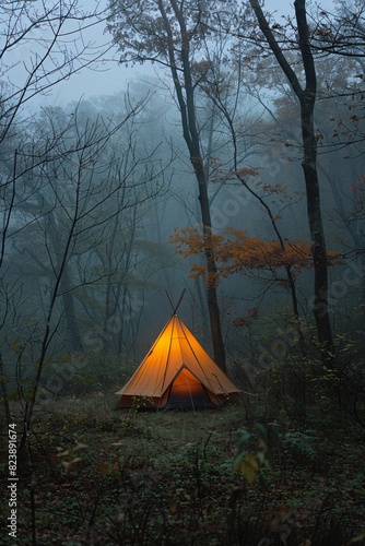 Camping in the Forest by the Lake in the Evening, Yellow Tent, Natural Beauty, Mental Joy