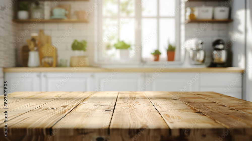 Empty wooden countertop with blurred kitchen background. Great for culinary displays. Empty wooden countertop with blurred kitchen background. Great for culinary displays.