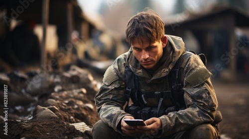 In a war-torn setting, a soldier, fully geared, is engrossed in a smartphone, possibly contacting loved ones © AS Photo Family