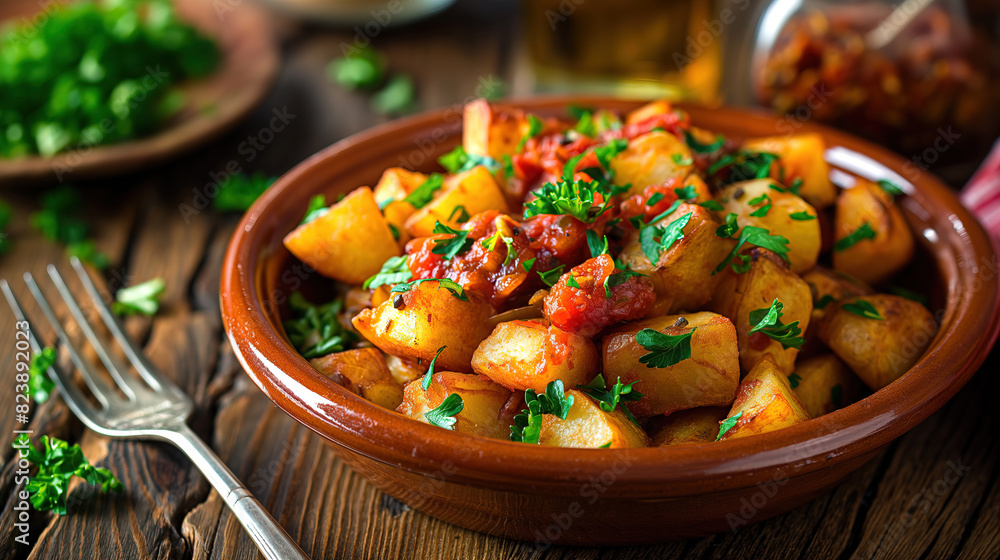 Fried potatoes with tomato sauce, a Spanish dish patatas bravas in a brown bowl on a wooden table. Fried potatoes with tomato sauce, a Spanish dish patatas bravas in a brown bowl on a wooden table.