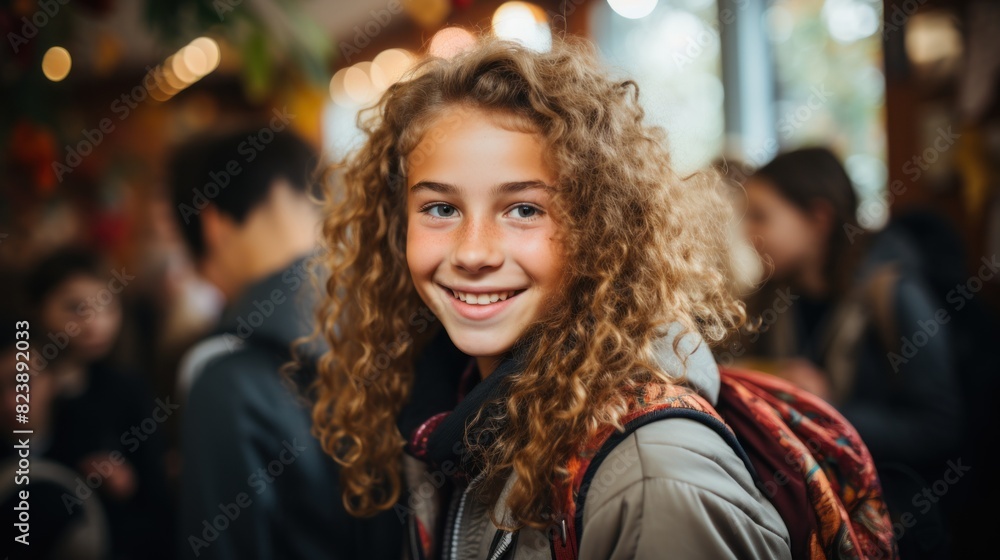 A happy young girl inside a venue with a backdrop of people and warm lights