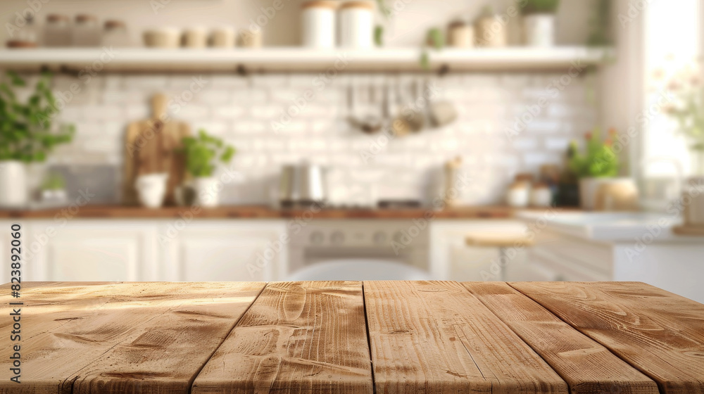 Empty wooden table with blurred kitchen background. Ideal for product placement. Empty wooden table with blurred kitchen background. Ideal for product placement.
