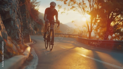 A man riding a bike down a winding road. Suitable for sports and adventure concepts © Fotograf