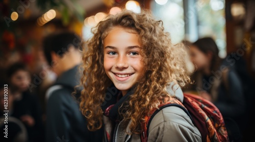 A happy young girl inside a venue with a backdrop of people and warm lights
