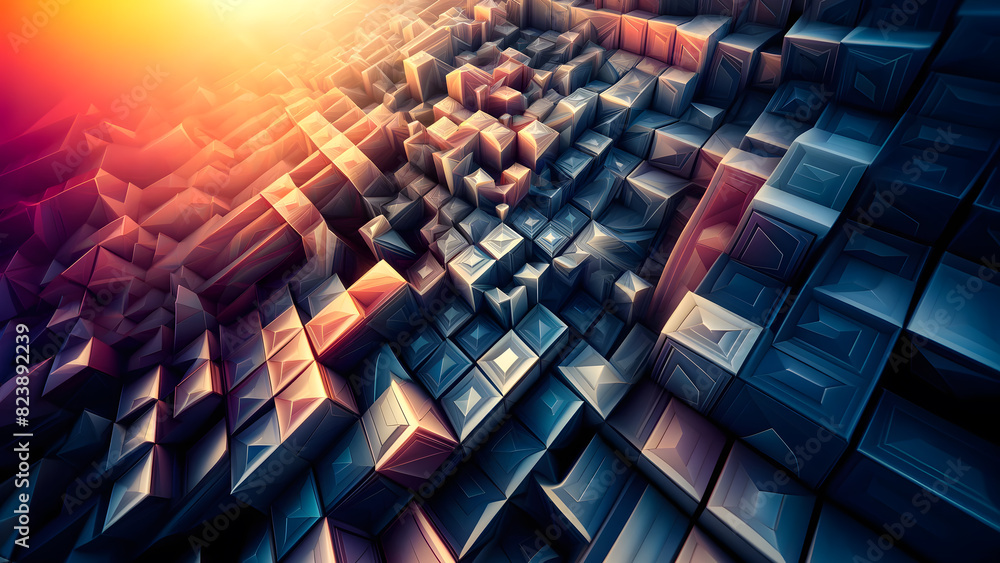 Obraz premium Abstract Geometric Sunrise A Vibrant 3D Render of Sunlight Breaking Through Angular Forms