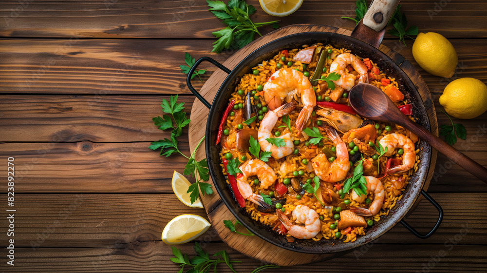 A traditional paella dish with large prawns, yellow rice and lemon slices on top, placed in an elegant black pan against the backdrop of a wooden table. A traditional paella dish with large prawns, yellow rice and lemon slices on top, placed in an elegant black pan against the backdrop of a wooden table.