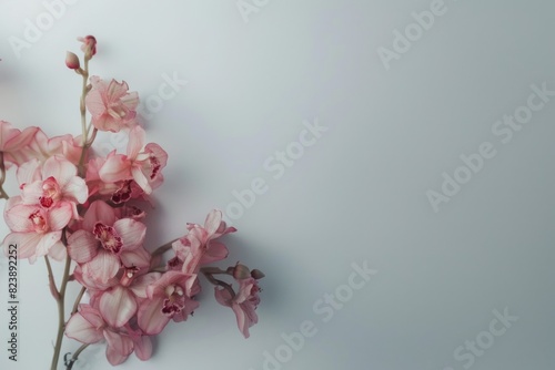 Close-up of a pink flower on a white surface. Ideal for nature backgrounds