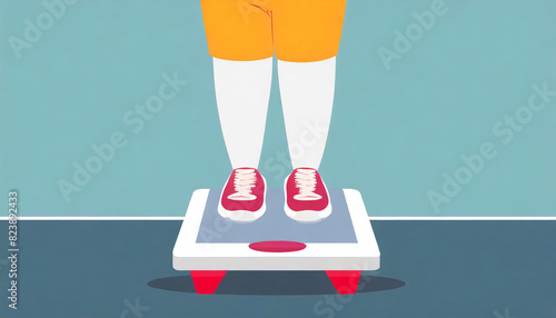 Overweight man stand on scale and weigh, seen only legs