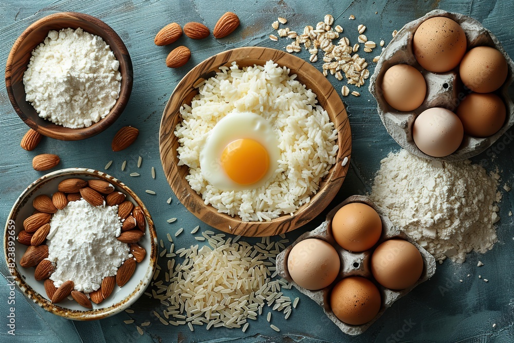 A variety of food items including rice, eggs, and nuts are laid out on a table A variety of food items including rice, eggs, and nuts are laid out on a table