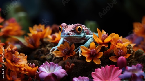 A colorful gecko is captured amongst a dazzling display of vibrant blooms creating a lively scene