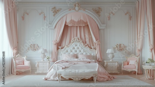 A large, white bedroom with a pink canopy bed and pink curtains