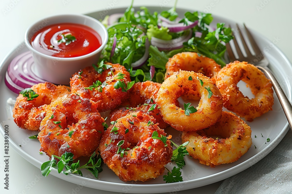 A plate of fried food with a side of salad and a dipping sauce A plate of fried food with a side of salad and a dipping sauce