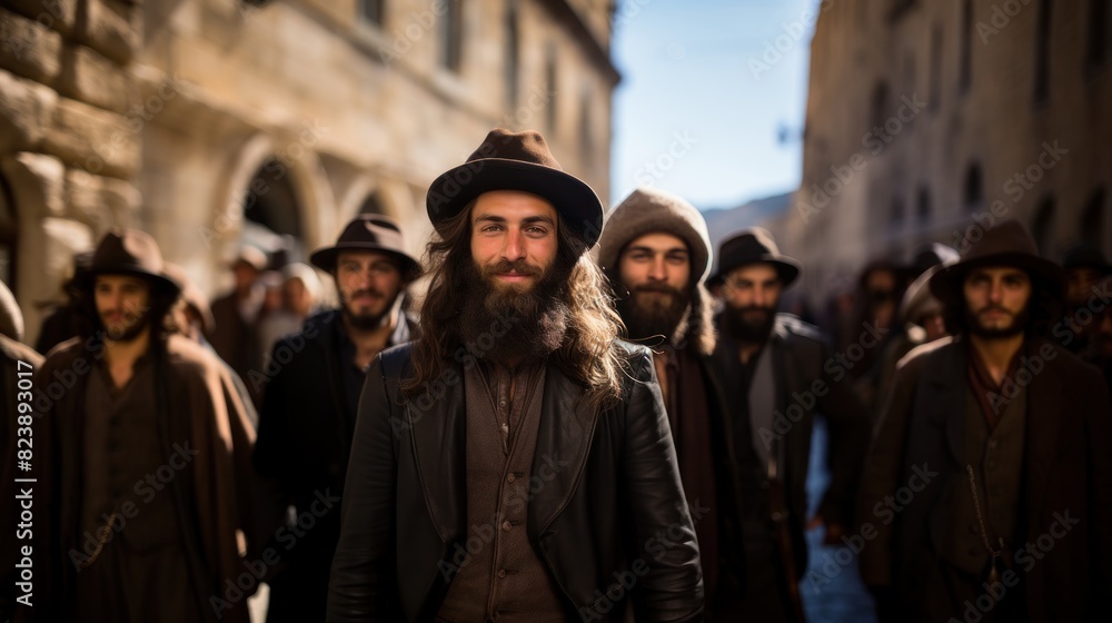 A charismatic man with a beard and a hat stands out as a leader among a group of similarly dressed individuals