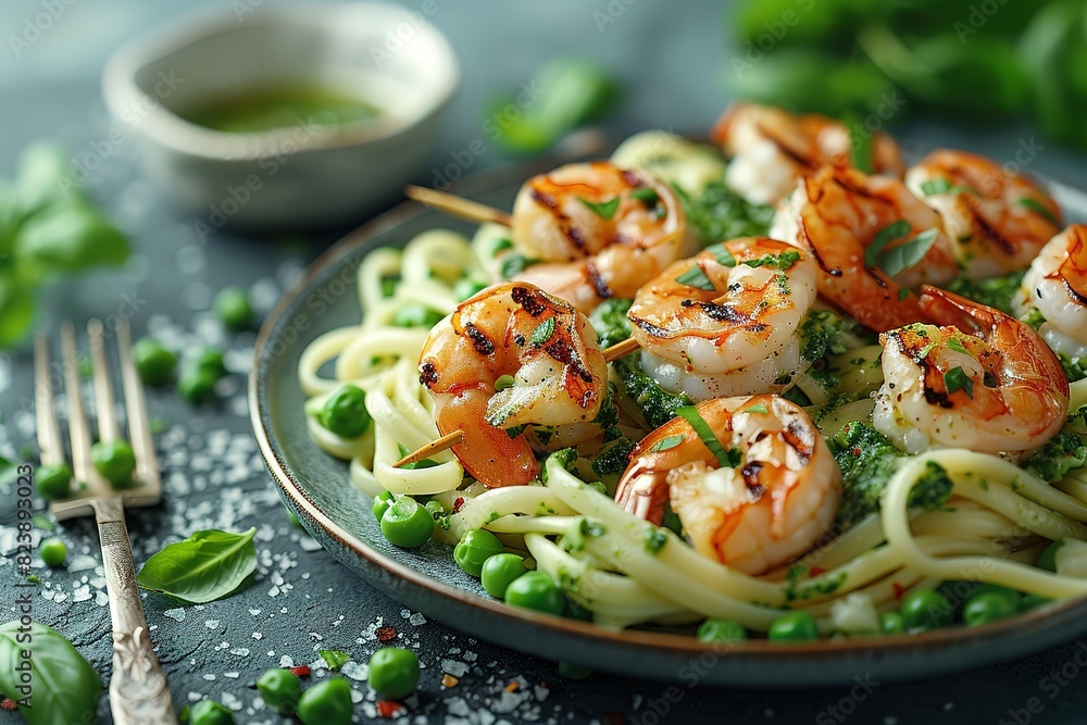 A plate of shrimp and pasta with a side of peas A plate of shrimp and pasta with a side of peas