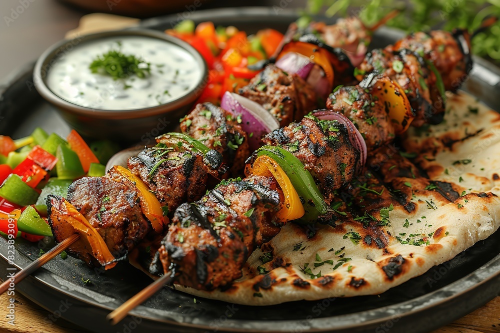 A plate of meat skewers and a side of flatbread with a side of salad A plate of meat skewers and a side of flatbread with a side of salad