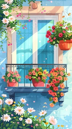 Flowers on a balcony flat design top view home oasis theme animation vivid