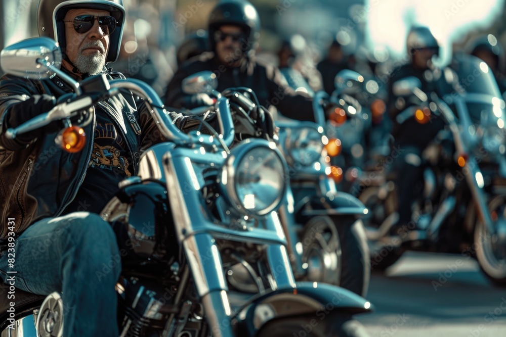 Group of people riding motorcycles down a city street. Suitable for travel and transportation concepts Group of people riding motorcycles down a city street. Suitable for travel and transportation concepts