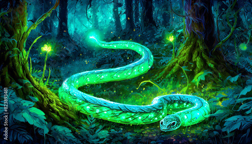 glowing electric snake creep through the forest bedding