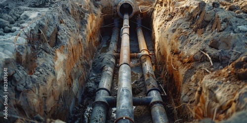 A pipe in the middle of a dirt field. Suitable for industrial concepts