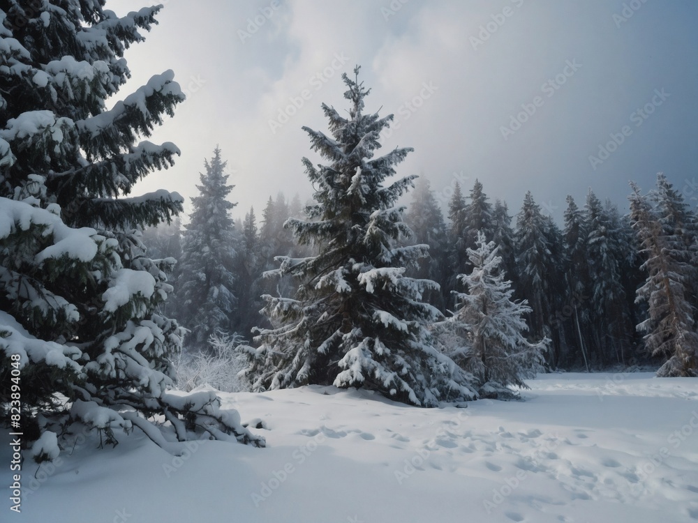 Wintry forest charm, snowfall, snow-covered firs, picturesque for greetings.