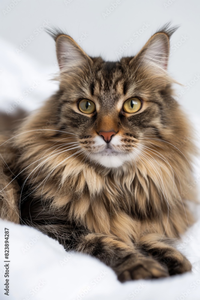 A cat with long fur is laying on a white bed A cat with long fur is laying on a white bed