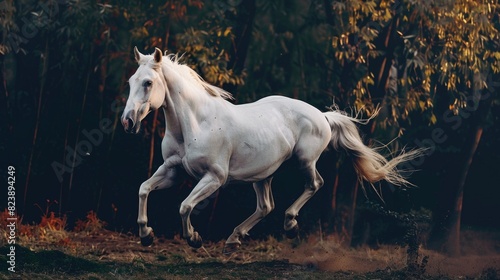 A beautiful white horse running in a field  perfect for nature and animal themes