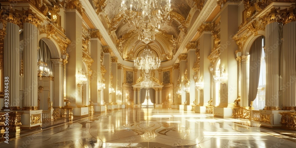 Fototapeta premium A grand hall with a chandelier and multiple windows. Suitable for luxury interior designs