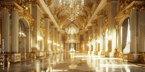 A grand hall with a chandelier and multiple windows. Suitable for luxury interior designs photo
