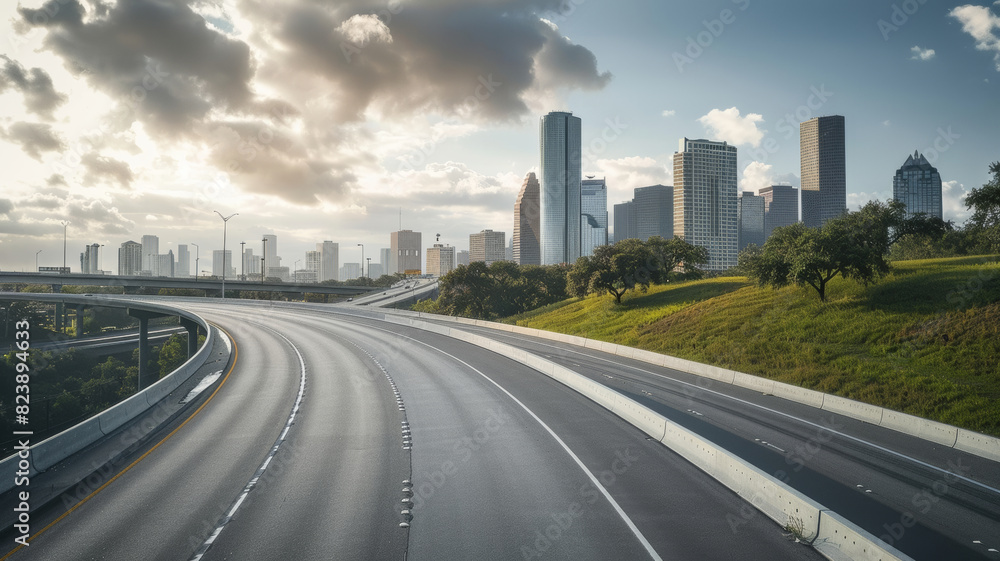 curved asphalt highway road and city skyline afternoon light. curved asphalt highway road and city skyline afternoon light.