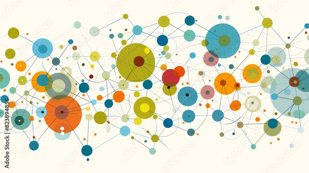 Abstract colorful connected dots on a neutral background - A graphically designed image showing interconnected dots and lines with colorful circles over a light neutral background Abstract colorful connected dots on a neutral background - A graphically designed image showing interconnected dots and lines with colorful circles over a light neutral background