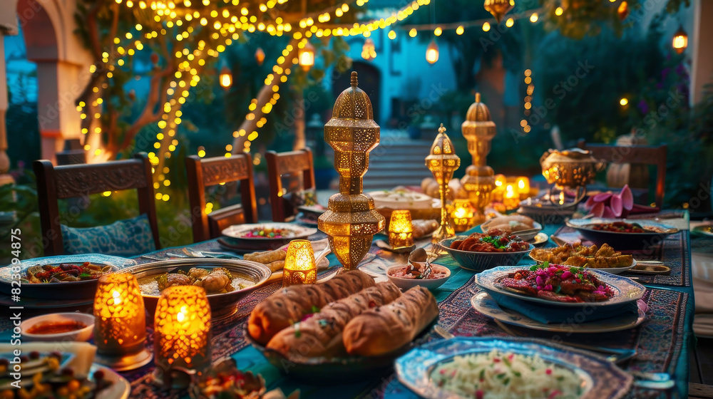 A table with a variety of food and candles lit on it A table with a variety of food and candles lit on it