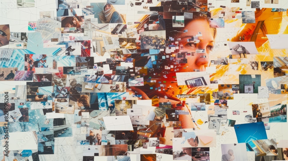 Fototapeta premium Close-up view of a woman's face emerging from a detailed collage of assorted images, showcasing a blend of emotions and scenes.