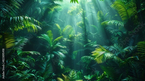 Background Tropical. Amidst the dense greenery, tiny creatures scurry and flutter, thriving in their unique niches within the rainforest's complex ecosystem. © BlockAI