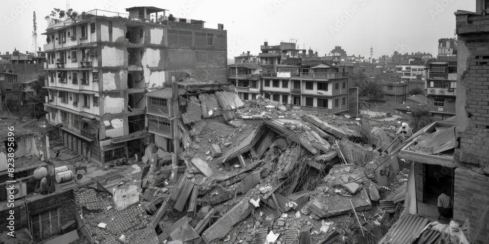 A black and white photo of a destroyed building. Suitable for architectural projects