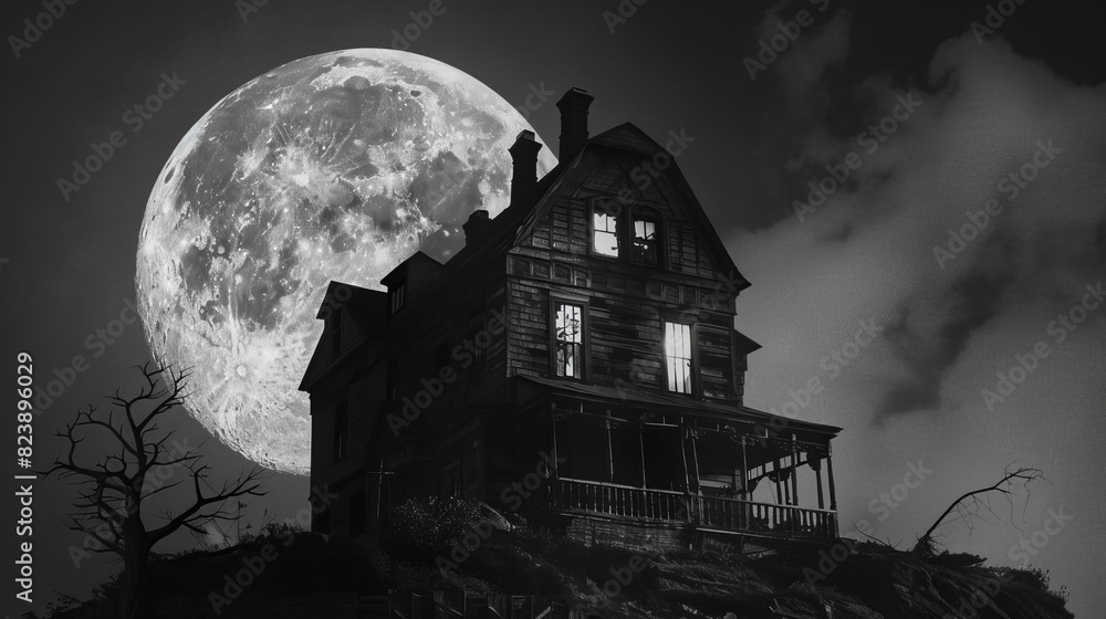 A house with a large moon in the background A house with a large moon in the background