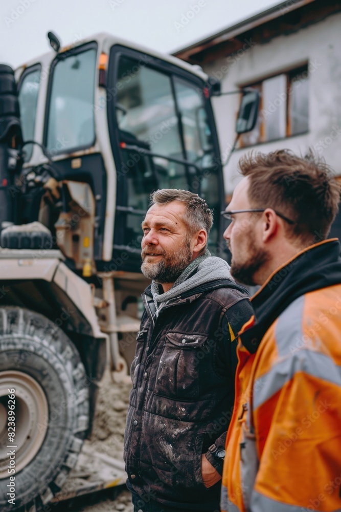 Two men standing in front of a construction vehicle. Suitable for construction industry projects