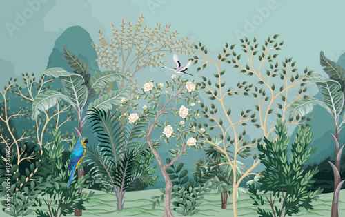 Tropical jungle wallpaper bird, Banana leaves Tropical leaves wallpaper for digital printing. Exotic jungle wallpaper.