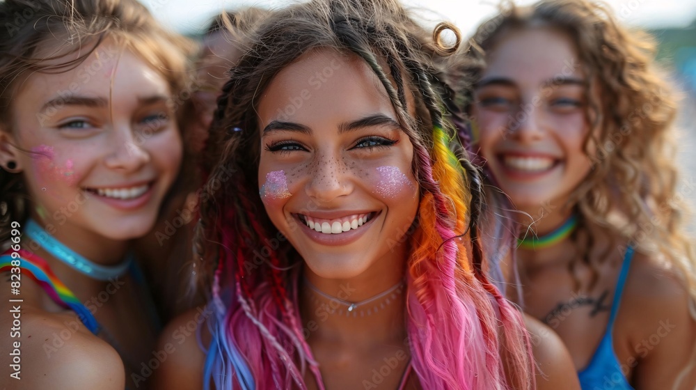 Teens in colorful attire, showing gender diversity and celebrating Pride Month with joy during the golden hour Teens in colorful attire, showing gender diversity and celebrating Pride Month with joy during the golden hour
