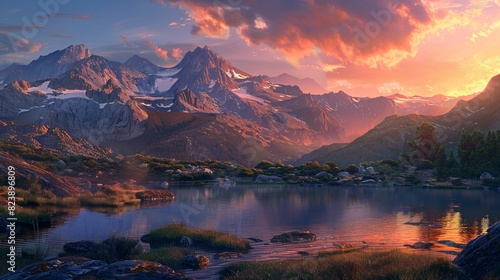 A panoramic view of a mountain range during sunset  with the sky ablaze in hues of orange and pink and a placid lake in the foreground reflecting the colorful sky.