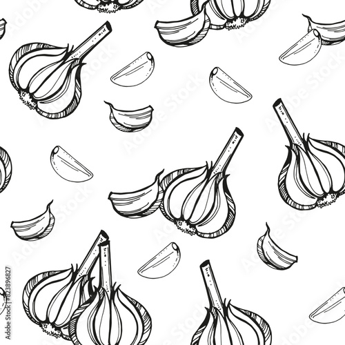 garlic clove outline vector seamless pattern, ink hand drawn sketch of food, vegetable, spicy and condiment theme white background, black and white doodle illustration