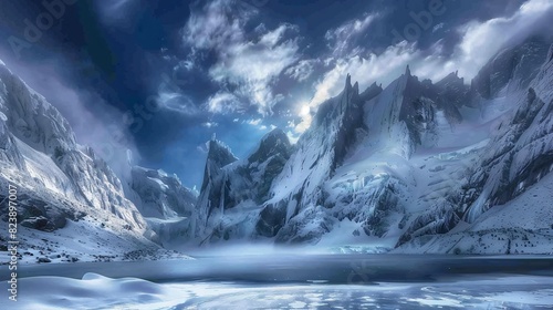A dramatic mountain landscape during winter, where jagged peaks covered in snow rise sharply against a deep blue sky, and a frozen lake at the base adds to the tranquil yet imposing scene.