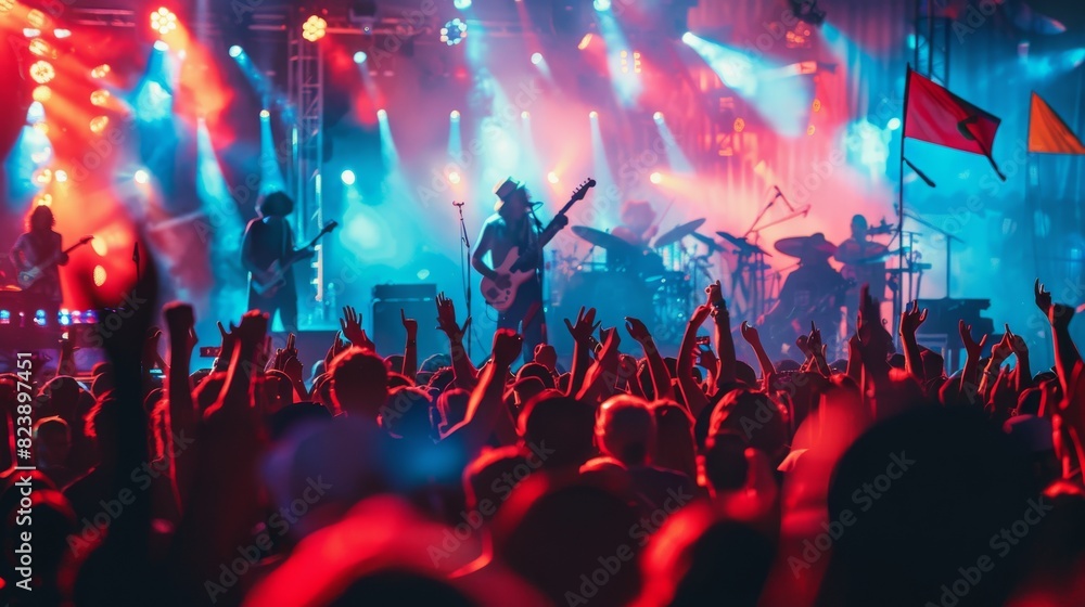 Energetic Crowd at Concert Waving Flags