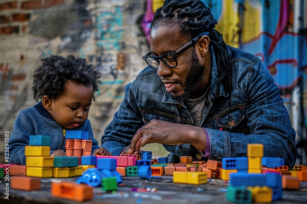 A man and a child playing with colorful blocks. Suitable for educational and family-themed designs A man and a child playing with colorful blocks. Suitable for educational and family-themed designs
