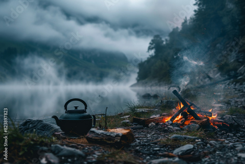 Wallpaper Mural A black kettle sits on a rock next to a fire Torontodigital.ca
