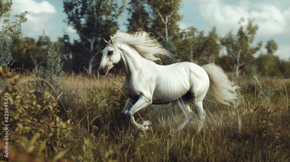 White horse galloping through tall grass. Suitable for nature or animal themes White horse galloping through tall grass. Suitable for nature or animal themes