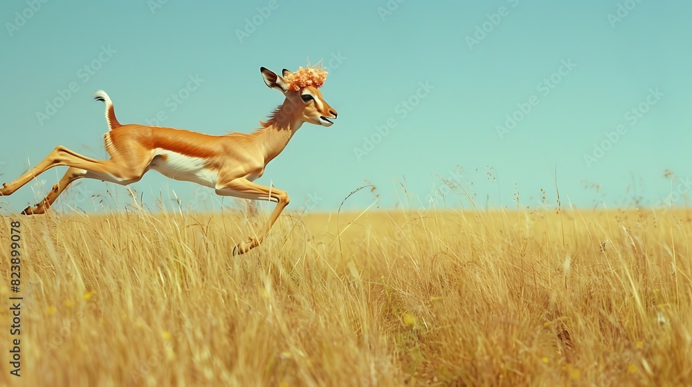 A deer wearing a flower crown leaps with joy, spreading laughter across the grasslands.