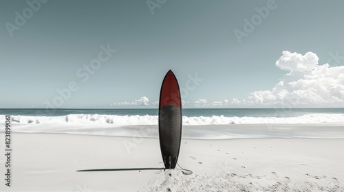 Surfboard Protruding From Sand on Beach