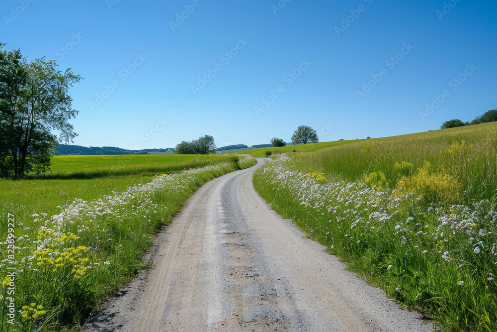 A dirt road winds through a field of flowers