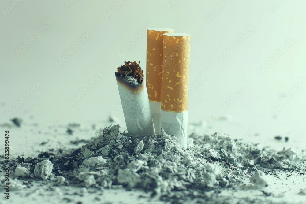 Couple of cigarettes on top of a pile of ash. Suitable for smoking cessation campaigns